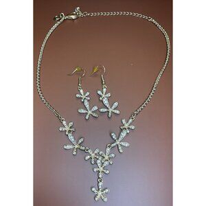 Charming Charlie Gold Rhinestone Flower Necklace Pierced Earring Set